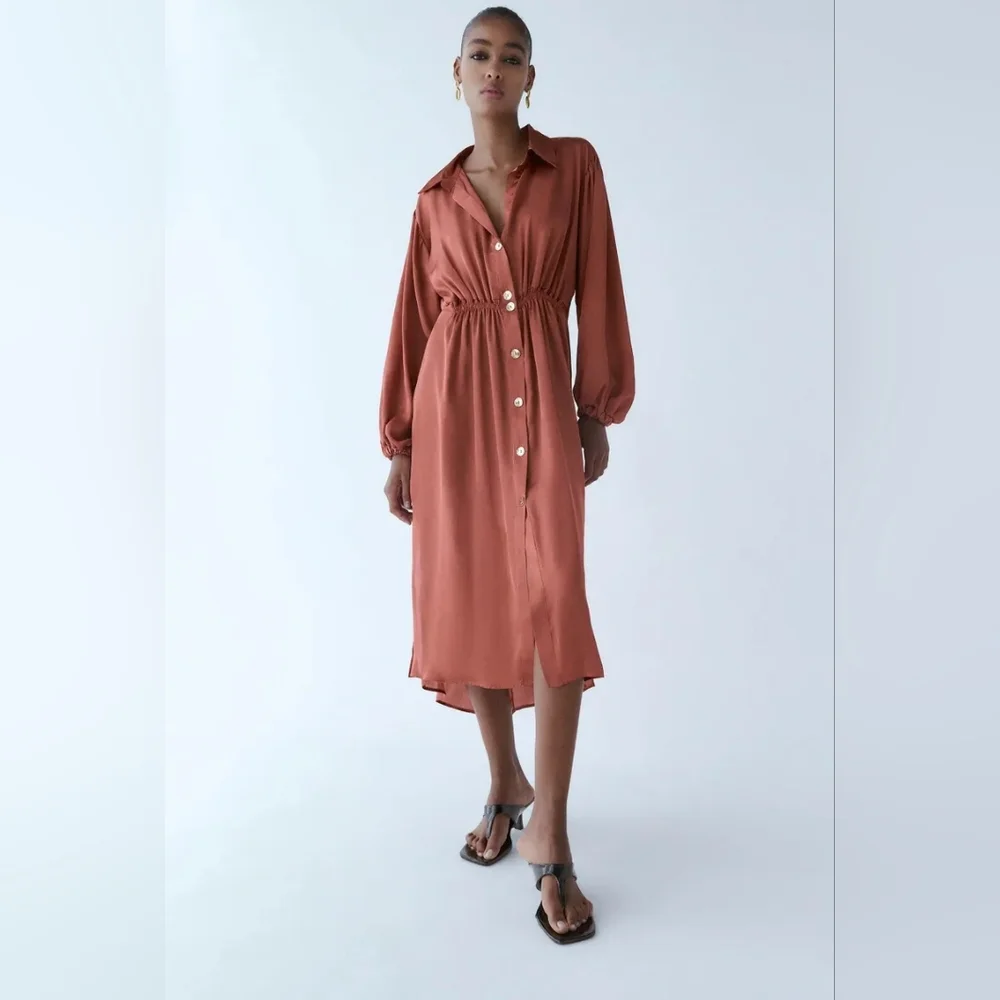 Zara Womens Satin Effect Midi Shirt Dress Marsala Size M - Picture 2 of 8